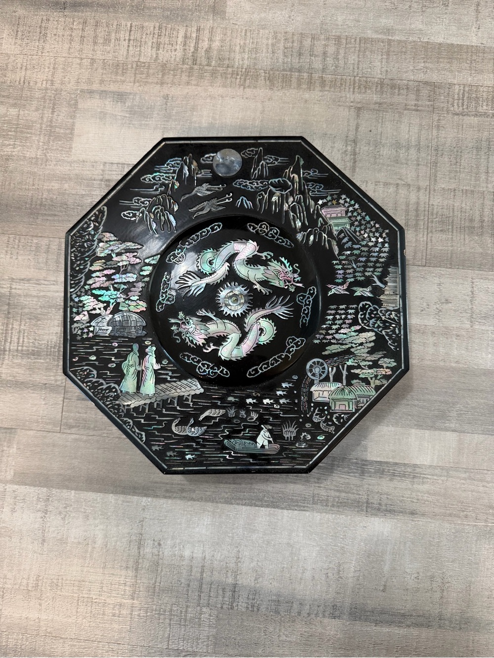 Vintage Japanese Black Lacquer Mother of Pearl Serving Tray Dish Set Octagon